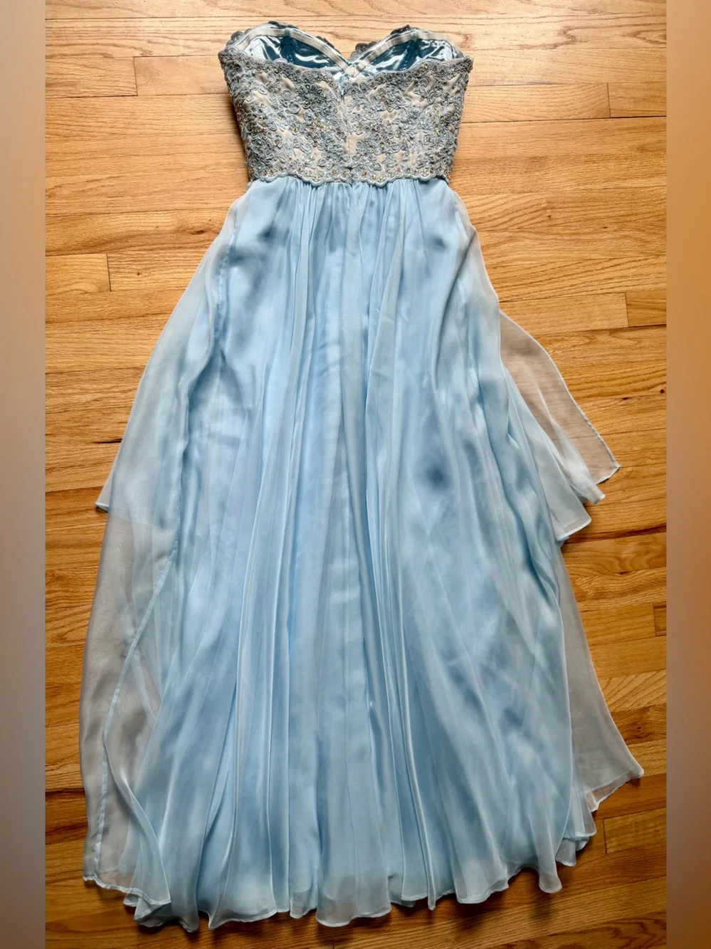 La Femme long light blue formal dress with lace embellished bodice - Picture 10 of 12